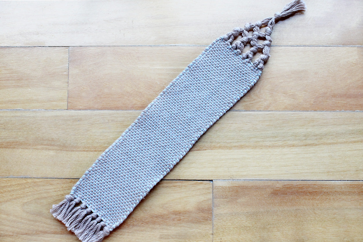Cotton medium bookmark, Brown & blue, Brown, handmade, natural fibres, linen, washer safe, decorative fringe, made in Canada