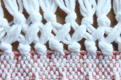 Cotton table runner, window weave pattern, colour blocked pattern, pink, brown, off-white, white, handmade, natural fibres, washer and dryer safe, decorative fringe, made in Canada