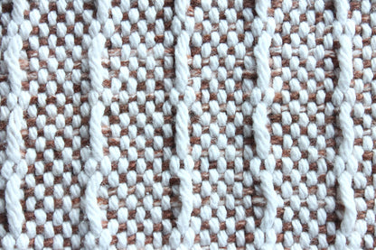Cotton table runner, window weave pattern, colour blocked pattern, pink, brown, off-white, white, handmade, natural fibres, washer and dryer safe, decorative fringe, made in Canada