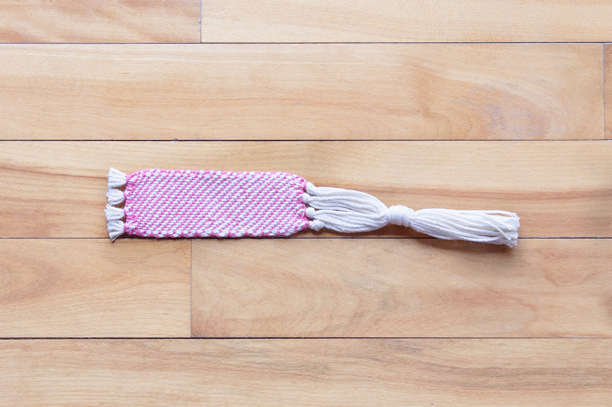 Cotton small bookmark, twill pattern, Pink, White, undyed, handmade, natural fibres, decorative fringe, made in Canada