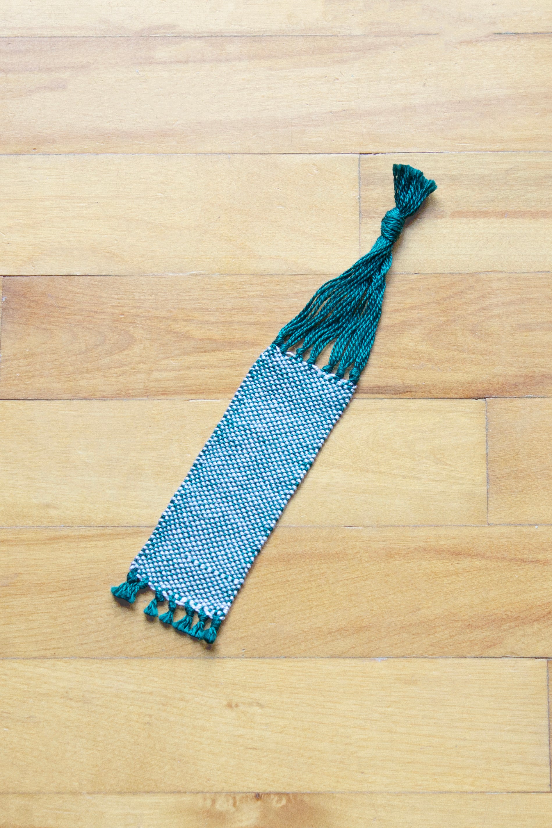 Cotton small bookmark, Sea Green & White, handmade, natural fibres, washer safe, decorative fringe, made in Canada