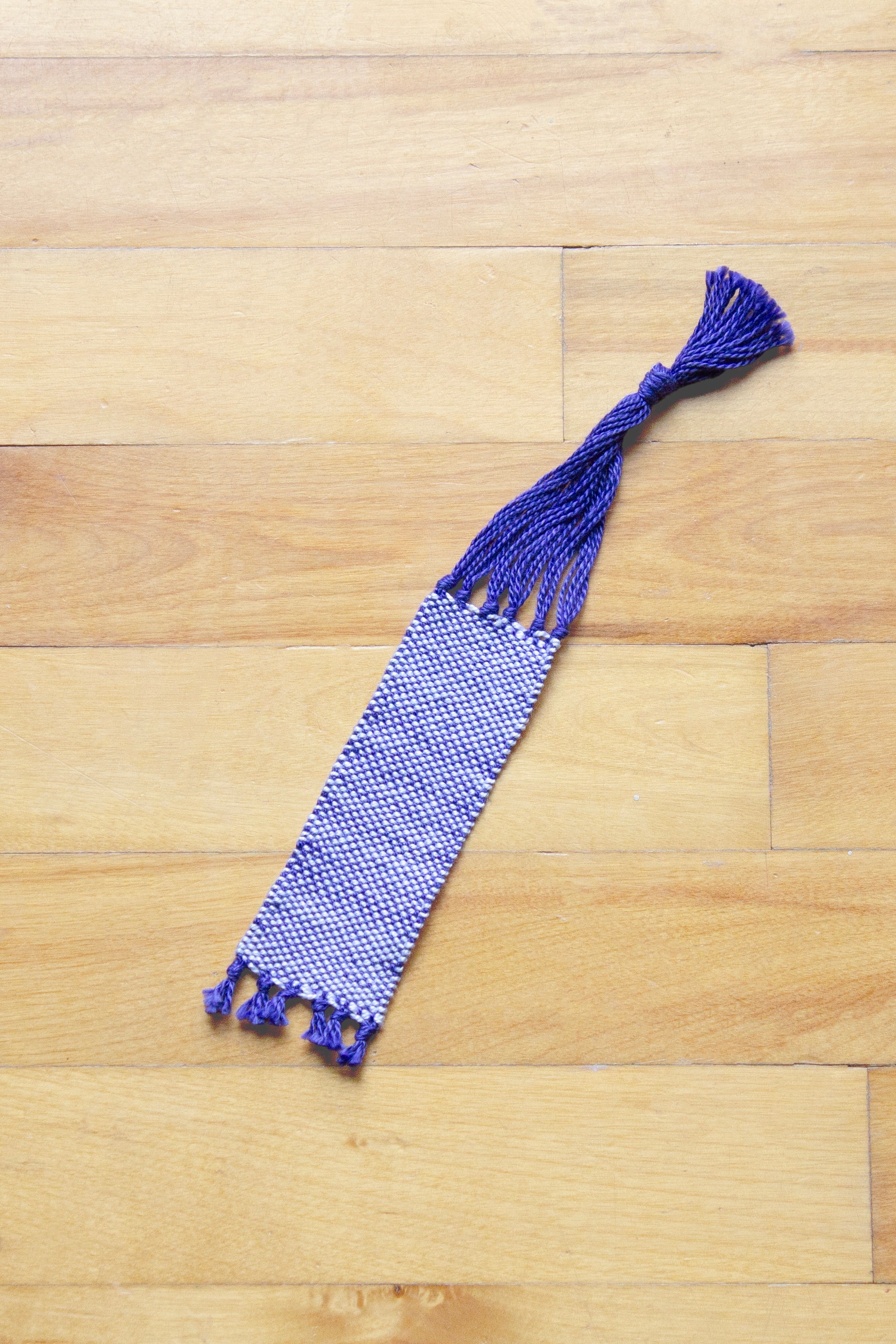 Cotton small bookmark, Purple & White, handmade, natural fibres, washer safe, decorative fringe, made in Canada