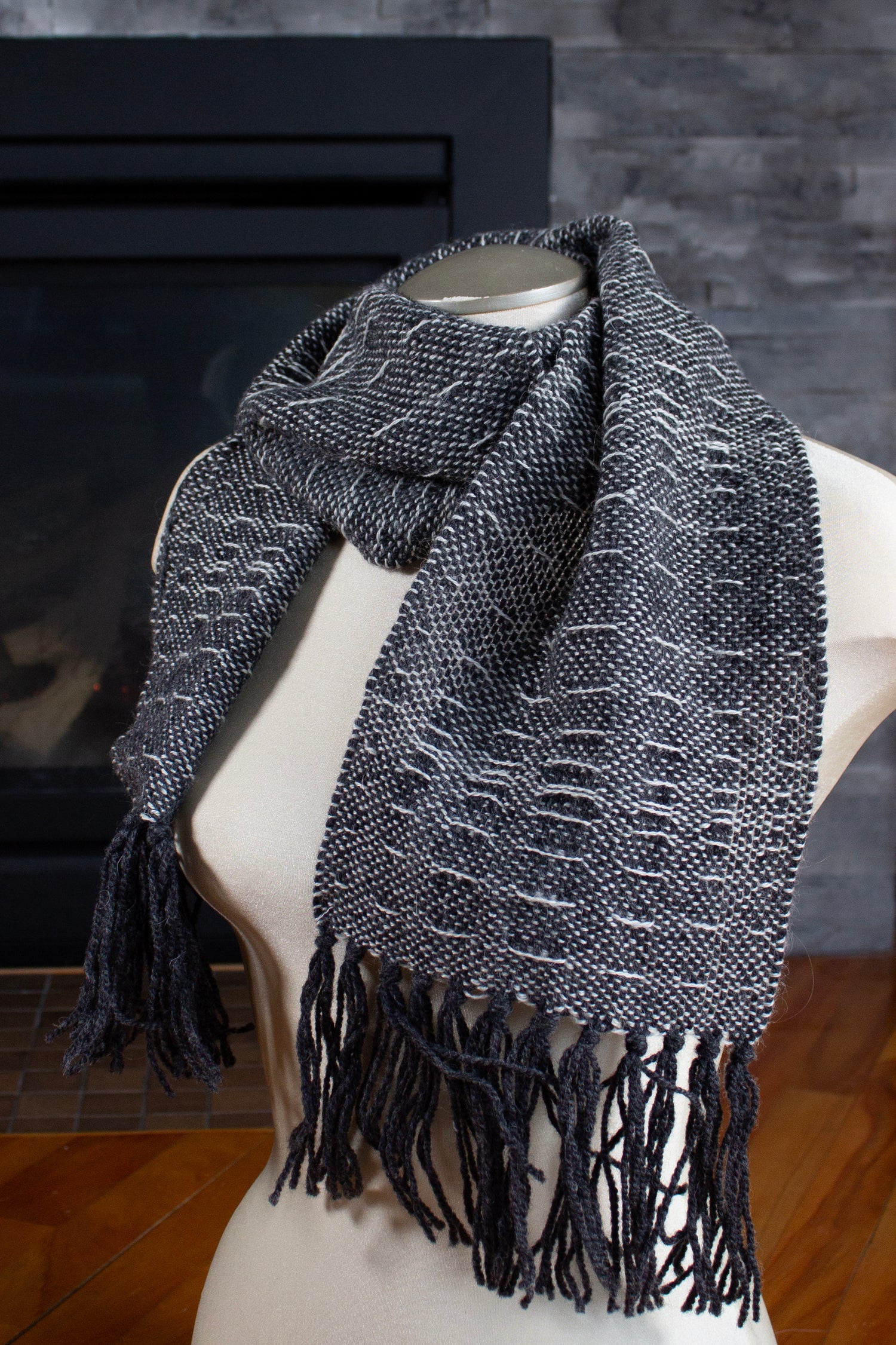 Wool scarf, grey weft float patterned, off-white, undyed, handmade, natural fibres, mohair, locally sourced, woven in Canada