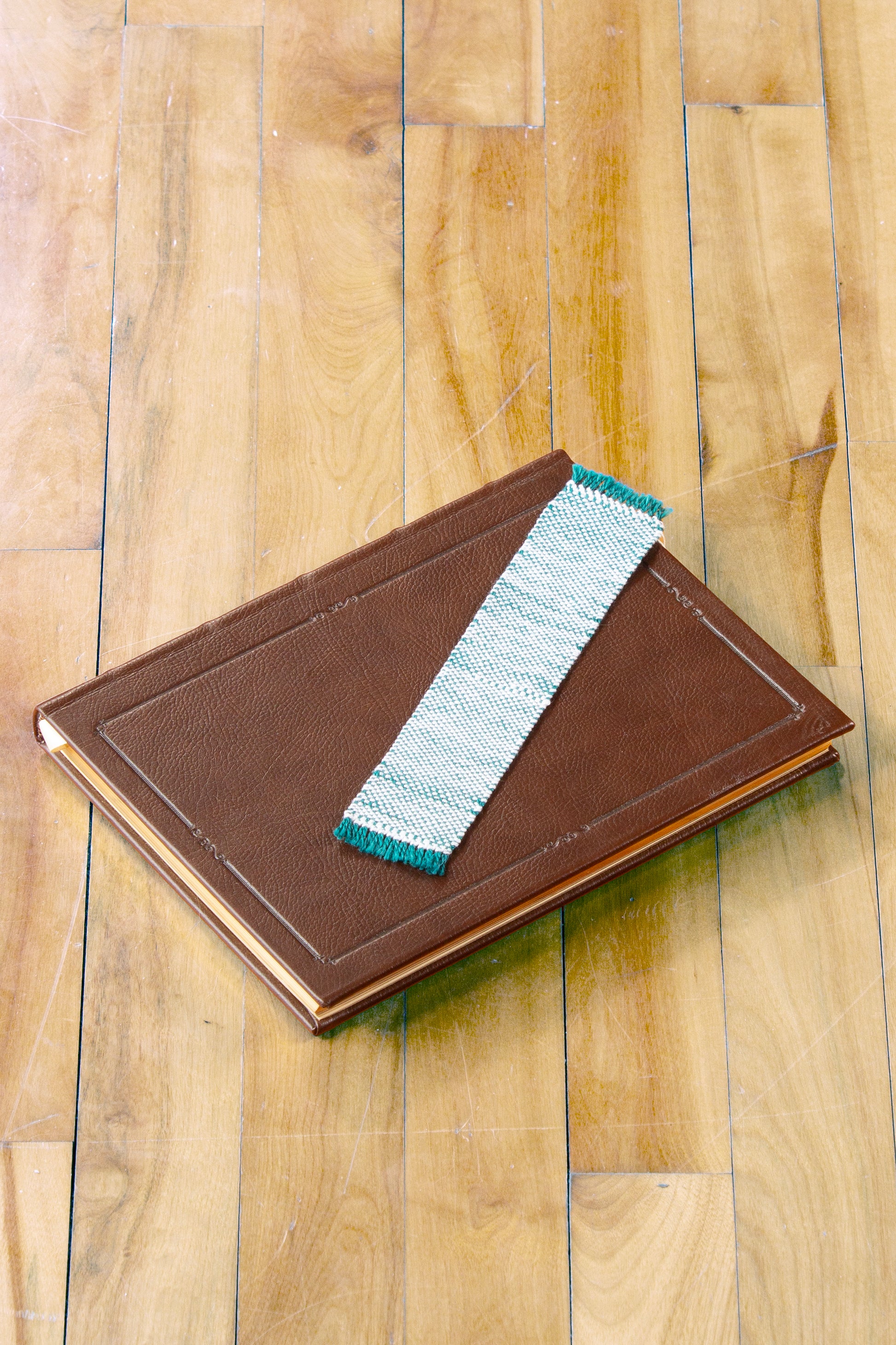 Cotton bookmark, Green & White small, handmade, natural fibres, hemstitched, woven in Canada